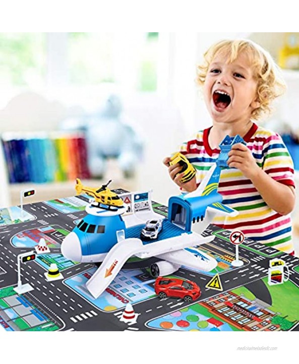 Airplane Toy with Car Toy Helicopter Set Take Apart Toy for Play Set Boy Toddler Cargo Transport Airplane Gift Age 3 4 5 6 8 Years Old 5 Mini Vehicles 1 Large Plane 1 Large Play Mat 21 Road Signs