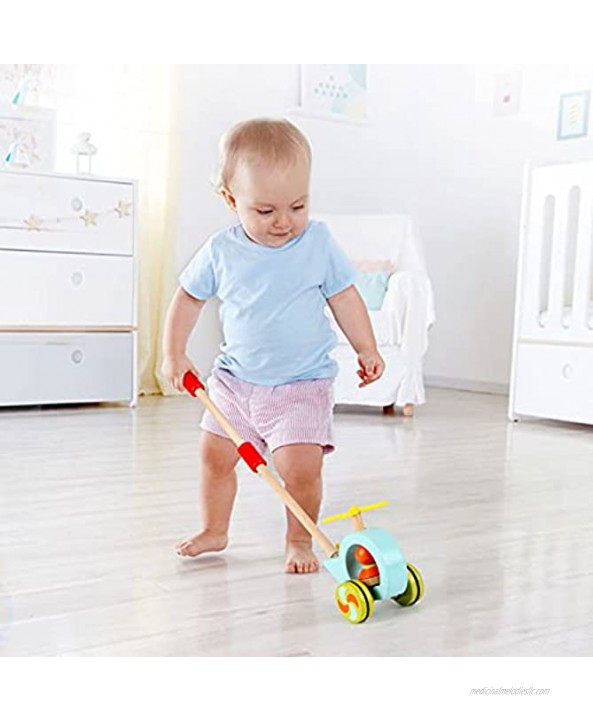 Canuan Wooden Push Along Baby Helicopter Trolley Toys Playful Kids Toy with Detachable Stick Multicolor，Suitable for Infants Over 18 Months Old.