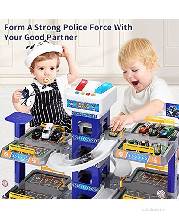Car Garage Playset for 1:64 Police Cars Racing Cars & Helicopter Car Parking Playsets Toy with Elevator Parking Lot for Toddlers 1-3 Car Track for Kids Build Up to 5 Levels with 24 Parking Spaces