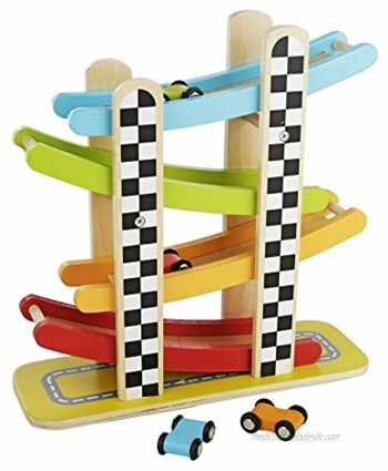 Colorful Wood Race Track Ramp with 4 Wooden Race Cars Solid Wood Educational Baby Toy for Toddler Boys and Girls Age 18-24 Months 2 Years and Up Classic Early Development Vehicle Playset Toy