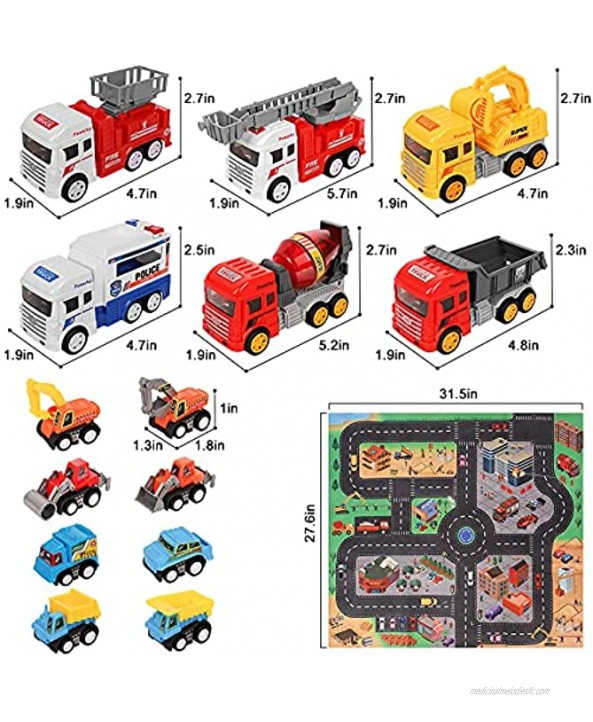 Construction Vehicles Car Toys for 2 3 Year Old Boys Toy Trucks Playsets with Mat and Storage Box Excavator Police Car Fire Engines Engineering Pull Back Car Toy for 3 4 5 6 Year Old Children