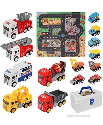 Construction Vehicles Car Toys for 2 3 Year Old Boys Toy Trucks Playsets with Mat and Storage Box Excavator Police Car Fire Engines Engineering Pull Back Car Toy for 3 4 5 6 Year Old Children