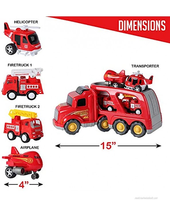 Fire Truck Rescue and Emergency Transport Vehicle with Helicopter Airplane and 2 Fire Engines Lights Up Plays Music Makes Sounds. Firetrucks Toys for Kids 3+