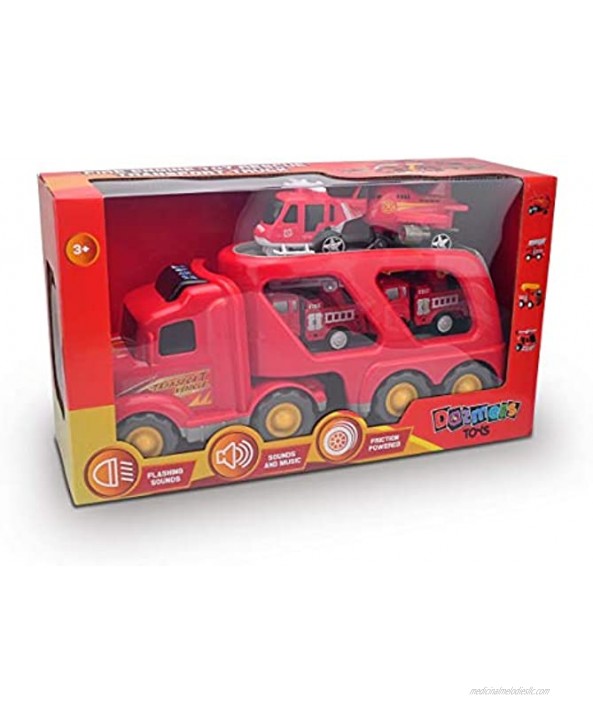 Fire Truck Rescue and Emergency Transport Vehicle with Helicopter Airplane and 2 Fire Engines Lights Up Plays Music Makes Sounds. Firetrucks Toys for Kids 3+