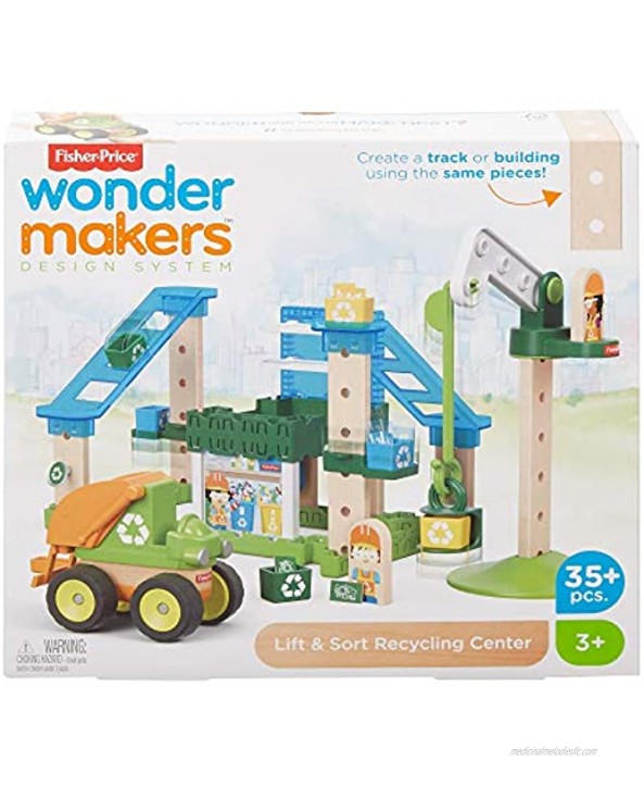 Fisher-Price Wonder Makers Design System Lift & Sort Recycling Center 35+ Piece Building and Wooden Track Play Set for Ages 3 Years & Up