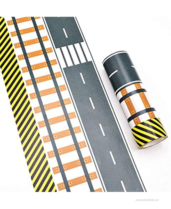 Manzawa Road Tape for Toy Car & Trains,3 Tape Rolls Bonus 160 Traffic Sign Die Cut Stickers 4 Road Tight Curves and 4 Trains Tight Curves Develop Your Kids Imagination and Memory Play and Learn
