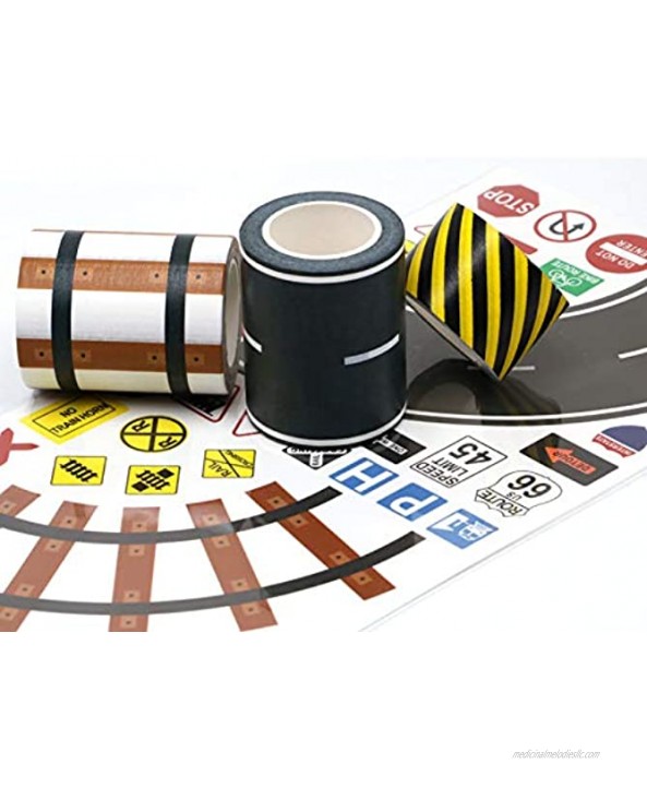 Manzawa Road Tape for Toy Car & Trains,3 Tape Rolls Bonus 160 Traffic Sign Die Cut Stickers 4 Road Tight Curves and 4 Trains Tight Curves Develop Your Kids Imagination and Memory Play and Learn