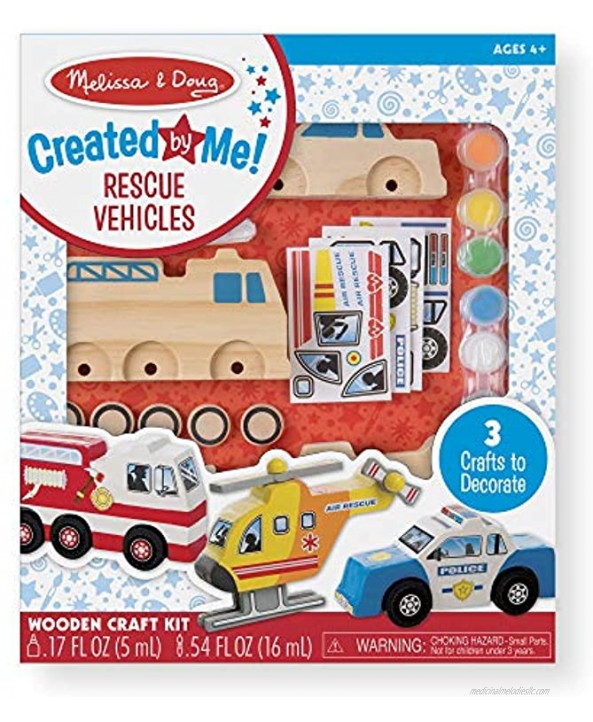 Melissa & Doug Created by Me! Rescue Vehicles Wooden Craft Kit Decorate-Your-Own Police Car Fire Truck Helicopter