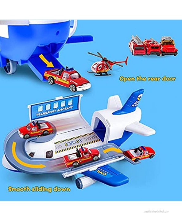 Tabiger Airplane Toys Transport Cargo Airplane with 4Pcs Metal Fire Trucks Car Toy Set for 3 4 5 6 Years Old Boys Girls Plane Toy Cars Birthday Gift for Kids Toddlers