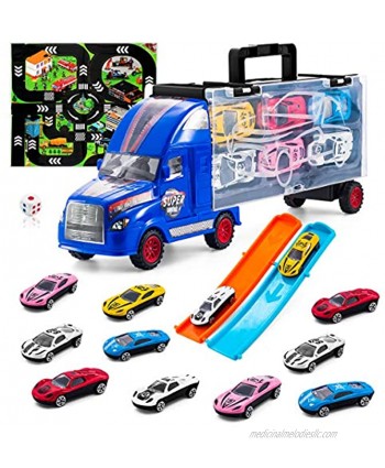 TAODUDU Truck Transport Car -Toy Car with Track Container Set with 12 Mini Alloy Cars and One Eco-Friendly Plastic Transport Toys Cars for Boys & Girls
