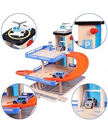 TOP BRIGHT Wooden Car Parking Garage Toy for Kids 3 Years Old 3-Level Garage Playset for Toddlers with Tracks Elevator Helicopter and 2 Toy Vehicles Parking Lot Toys for Boys and Girls Age 3 4 5