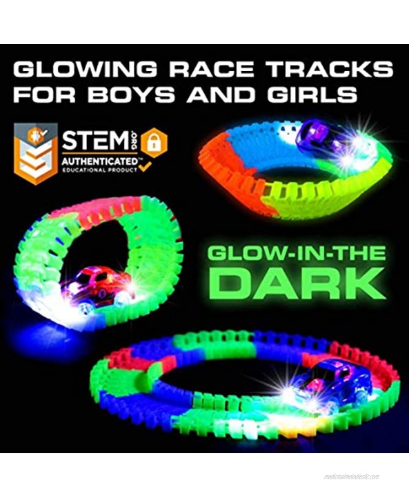 USA Toyz Race Tracks STEM Building Toys Bundle 247pk Snap Trax Construction Trucks Set and 360pk Glow Trax Speedway Glow in The Dark Bendable Rainbow Race Track Set with LED Light Up Toy Cars