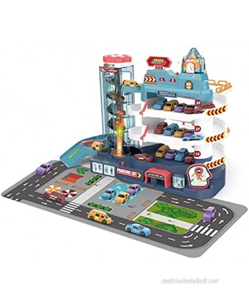 Wazooee Race Car Tracks for Boys and Kids 4-Level Toy Car Garage Parking Lot with Elevator Ramp and 4 Mini Cars Vehicle Playset Indoor Games for Toddler Gift for Boy Girl and Toddler