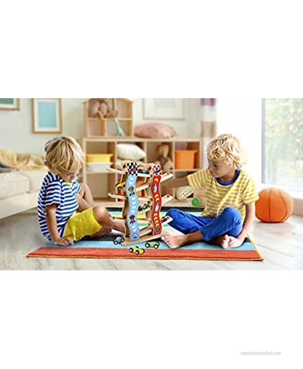 ZONXIE Wooden Toddler Car Toys Ramp Race Track with 8 Mini Cars for Boy and Girl