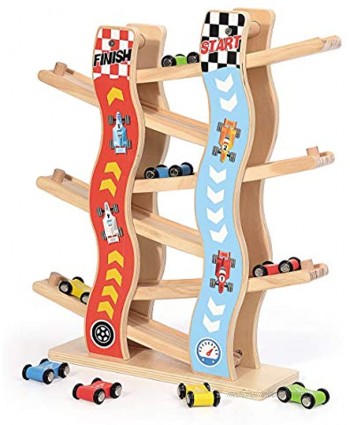 ZONXIE Wooden Toddler Car Toys Ramp Race Track with 8 Mini Cars for Boy and Girl