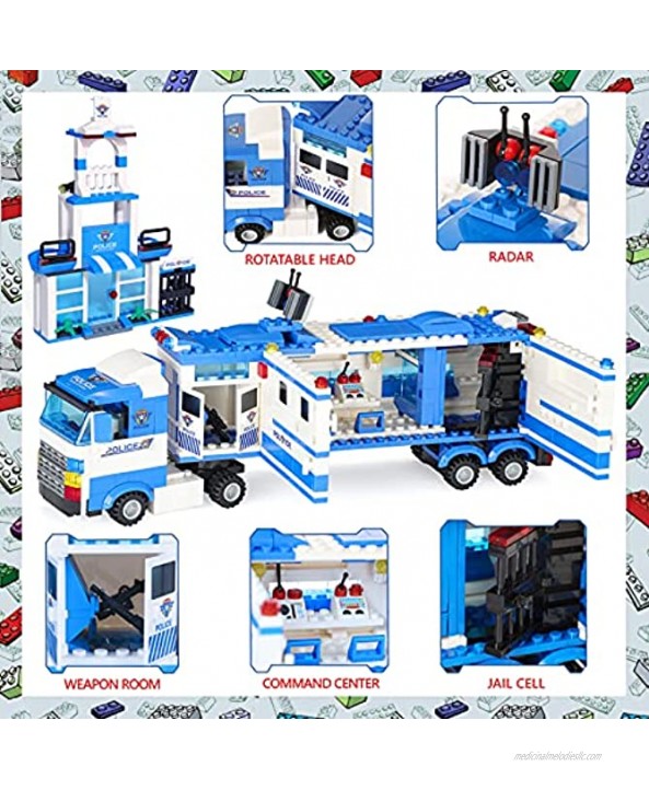 EXERCISE N PLAY City Police 1039 Pieces City Police Station Building Set 8 in 1 Mobile Command Center Building Toy with Cop Car Helicopter Boat Best Learning Roleplay STEM Toy for Boys Girls 6-12