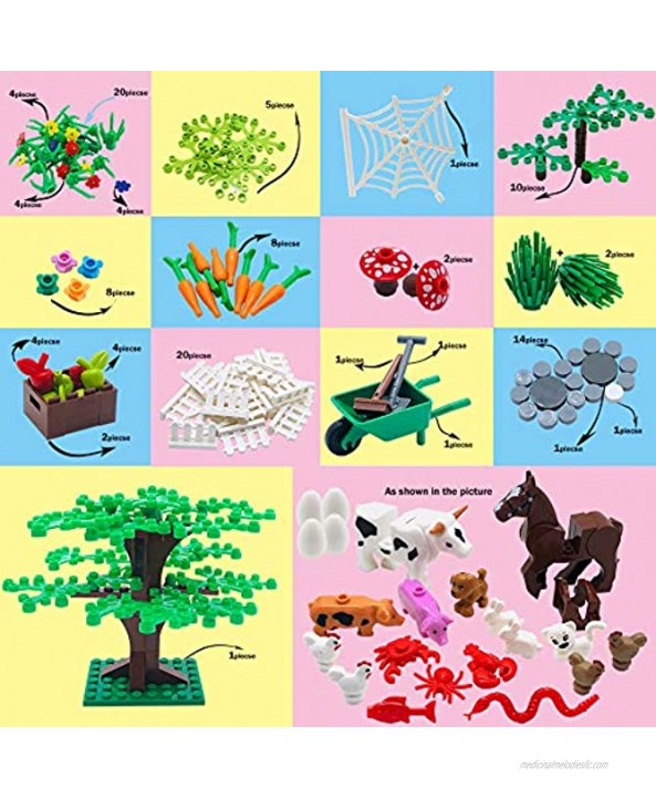 Farm Animals Building Blocks Toys Garden Park Trees and Flowers Classic Botanical Accessories Bricks for Kinds Compatible with All Major Brands （Include 1 Pcs 10 x 10 Base Plate