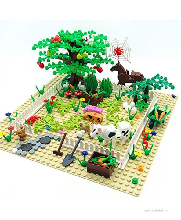 Farm Animals Building Blocks Toys Garden Park Trees and Flowers Classic Botanical Accessories Bricks for Kinds Compatible with All Major Brands （Include 1 Pcs 10 x 10 Base Plate