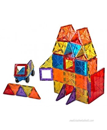 Mag-Genius Award Winning building Magnet Tiles Blocks Clear Colors 3D Brain Building Blocks Set of 108 +15 extra piece set bonus Includes 2 Cars And Free Storage Bin AGE 3 +