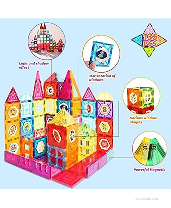 Magnet Tiles 135pcs Magnetic Building Blocks Tiles STEM Construction Set Toys for Toddlers 3D Clear Color Stacking Toys for 3 4 5 6 7 8+ Years Old Kids Boys & Girls Gifts
