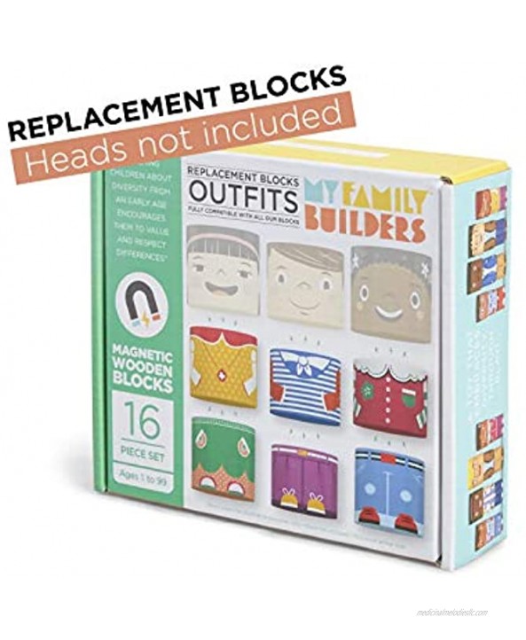 My Family Builders Outfits Expansion & Replacement Diversity Building Blocks Set – Build Little People Figures for Cultural Inclusion and Empathy – 16 Piece Wooden Blocks for Multiracial Play Figures