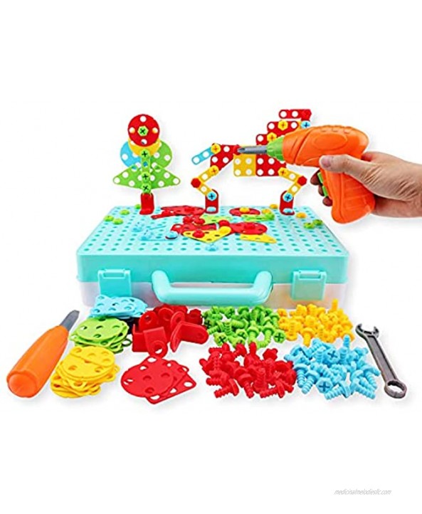 276PCS Electric DIY Drill STEM Puzzle Toy Set Creative Mosaic Drill Puzzle Kit 2D 3D Educational Building Blocks Construction Games Tool Kits Design and Drill Stem Toys for 3 4 5 6 7-10 Year Old