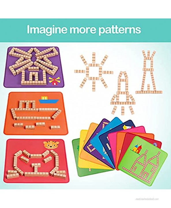 HOONEW Wooden Pattern Blocks Animals Jigsaw Brain Teasers Puzzle Jumbo Montessori Stem Sorting Travel Toys Preschool Learning Games for Toddlers Kids 3+ Years Old80 Wooden Strips,20 Pattern Cards