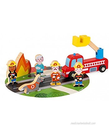 Janod Mini Story Box Toy 7 Piece Imagination and Role Playing Firefighter Painted Wooden People Firetruck and Animal Play Set for Ages 3+ J08589