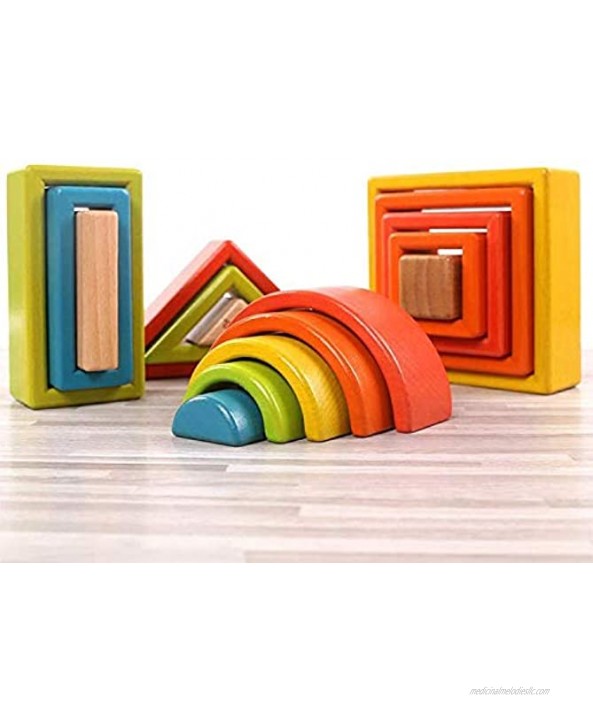 MODERNGENIC 'Wonderland' Wooden Geometrical Building Blocks 32 Piece Large Geometrical Rainbow Stacker Stacking & Nesting Construction Toys Preschool Colorful Learning Educational Toys