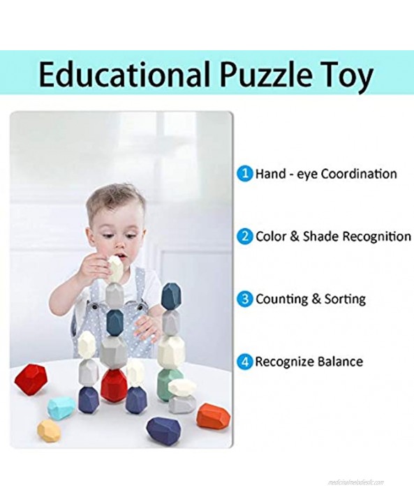 OFYDNR Wooden Stone Balancing Blocks 18 Pcs Colorful Wooden Building Stone Stacking Game Rock Blocks Natural Educational Puzzle Toy for Kids Educational Toys
