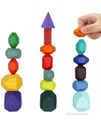 OFYDNR Wooden Stone Balancing Blocks 18 Pcs Colorful Wooden Building Stone Stacking Game Rock Blocks Natural Educational Puzzle Toy for Kids Educational Toys