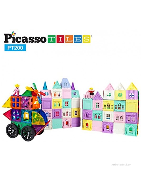 PicassoTiles 200 Piece Castle Click-in Set with 2 Figures Car and Windmill STEM Learning Playset Creative Child Brain Development Stacking Blocks Playboards PT200