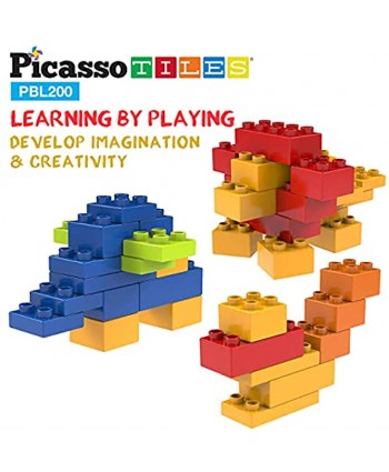 PicassoTiles 200 Piece Large Construction Brick Building Blocks STEM Bricks Toy Set Creative Learning Early Education Playset 5 Colors 4 Unique Shapes Mix & Match Toys for Kids Boys Girls Child Age 3+