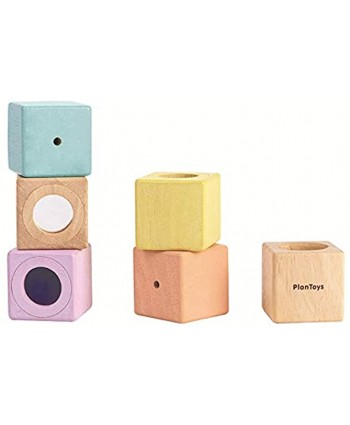 PlanToys Wooden Sensory Blocks Early Learning & Development Baby & Toddler Toy 5257 | Pastel Color Collection |Sustainably Made from Rubberwood and Non-Toxic Paints and Dyes