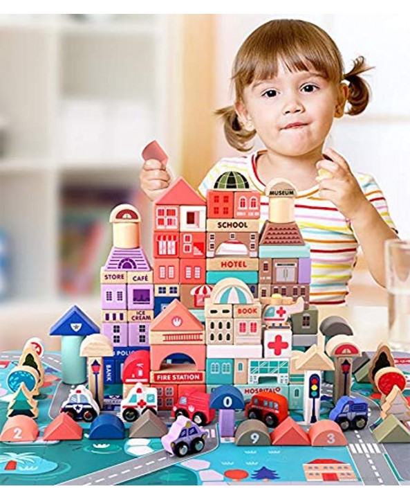 TEENLEE 115 Pcs Wooden City Building Blocks Set Color Architecture Toddler Blocks for 1 2 3 Years Old Boys Girls Kids with 20 Pieces Floor Jigsaw Puzzle and Storage Bag