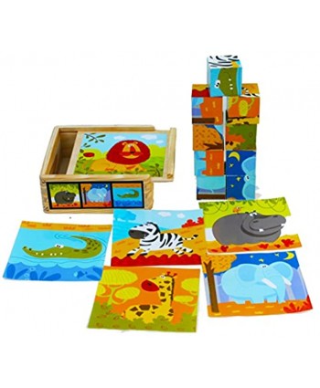 TOWO Wooden Blocks Cube Puzzles for Kids Wooden Cube Jigsaw Puzzles 9 Wooden Cubes Blocks 6 Wild Animals Pictures in a Wooden Box Wooden Toys Gift for 2 Years Old