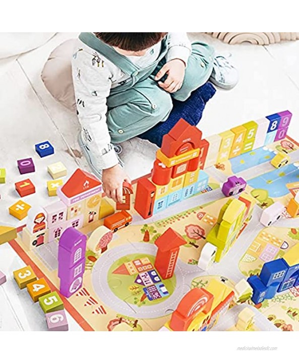 Wooden Building Blocks 122 Piece Set,City Construction Stacking Preschool Learning Educational Toys,Creative Large Building Blocks for Kids,Stacking Toy with Playscape in Storage Bucket
