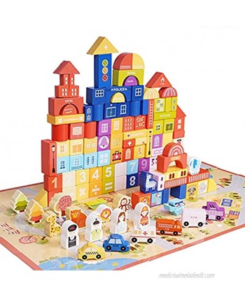 Wooden Building Blocks 122 Piece Set,City Construction Stacking Preschool Learning Educational Toys,Creative Large Building Blocks for Kids,Stacking Toy with Playscape in Storage Bucket