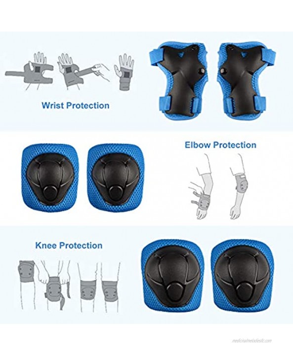FESSKY Kids Protective Gear Set Adjustable Strap 6pcs Knee Pads and Elbow Pads with Wrist Guard for Skating Cycling Bike Rollerblading Scooter