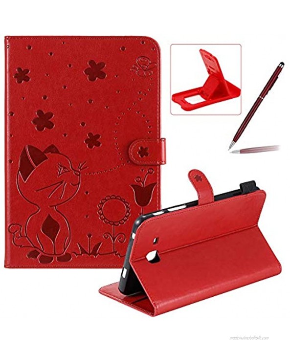 Herzzer Wallet Flip Casse for Samsung Galaxy Tab A 7.0 2016,Cute Cat Bee Floral Embossed PU Leather Folio Stand Case with Auto Wake Sleep Smart Magnetic Cover,Red