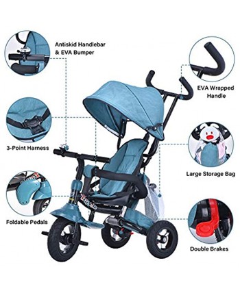 6-in-1 Toddler Tricycle with Adjustable Canopy Detachable Guardrail Harness Folding Footrest Brake Folding Push Baby Tricycle for 1 2 3 Years Old