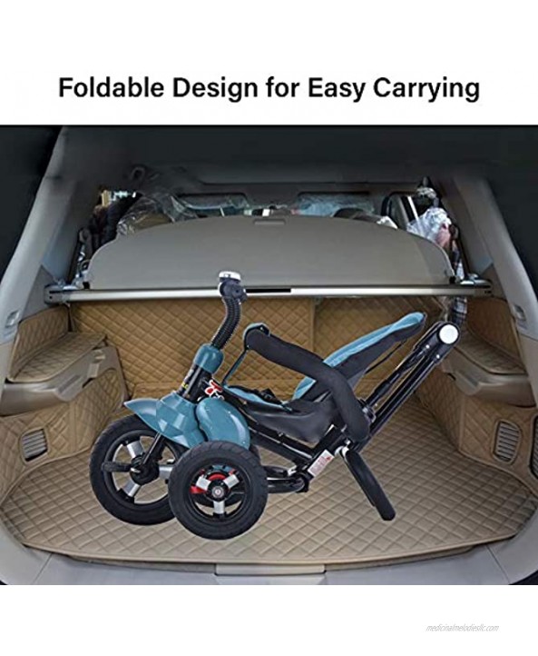 6-in-1 Toddler Tricycle with Adjustable Canopy Detachable Guardrail Harness Folding Footrest Brake Folding Push Baby Tricycle for 1 2 3 Years Old