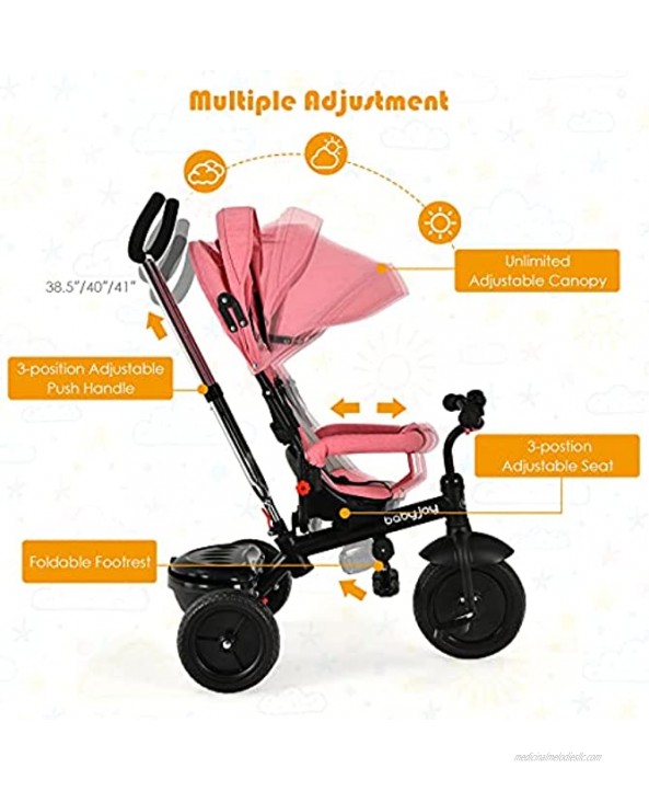 BABY JOY Toddler Tricycle 4-in-1 Steer Tricycle w Adjustable Push Handle & Canopy Detachable Guardrail Safety Harness Foldable Footrest Storage Double Brakes Push Bike for 1-6 Years Old Pink