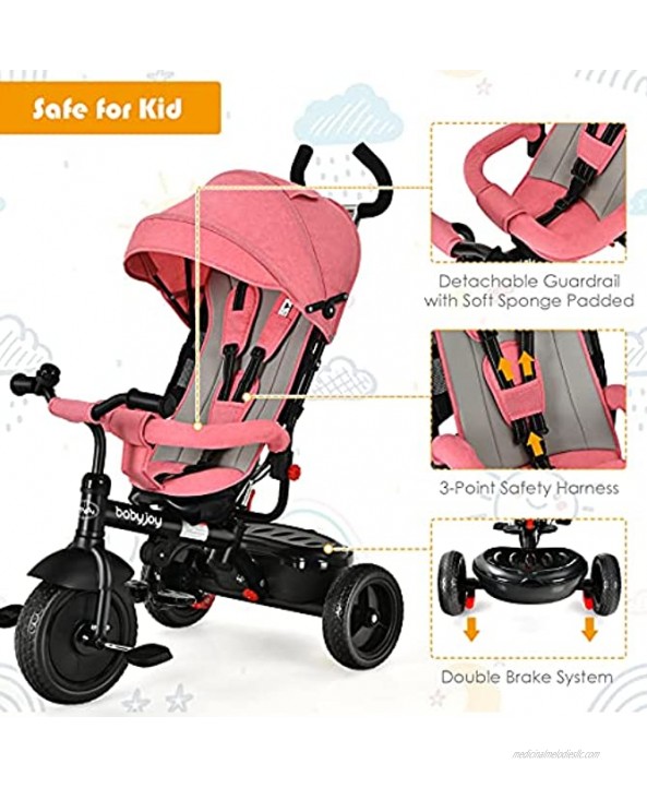 BABY JOY Toddler Tricycle 4-in-1 Steer Tricycle w Adjustable Push Handle & Canopy Detachable Guardrail Safety Harness Foldable Footrest Storage Double Brakes Push Bike for 1-6 Years Old Pink