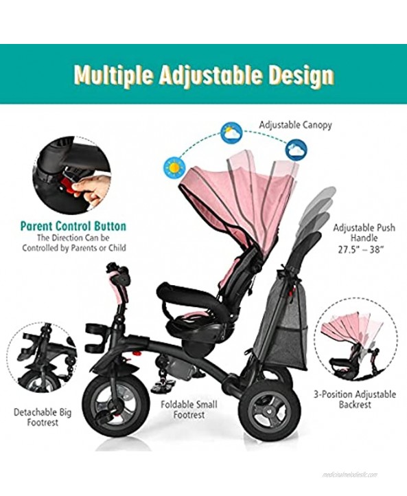 BABY JOY Toddler Tricycle 7 in 1 Folding Steer Trike w Rotatable Seat Adjustable Canopy Push Handle Guardrail Safety Harness Brakes Cup Holder & Storage Tricycle for Toddlers Ages 1.5-5 Pink