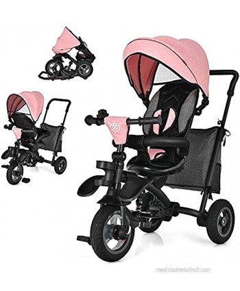 BABY JOY Toddler Tricycle 7 in 1 Folding Steer Trike w Rotatable Seat Adjustable Canopy Push Handle Guardrail Safety Harness Brakes Cup Holder & Storage Tricycle for Toddlers Ages 1.5-5 Pink