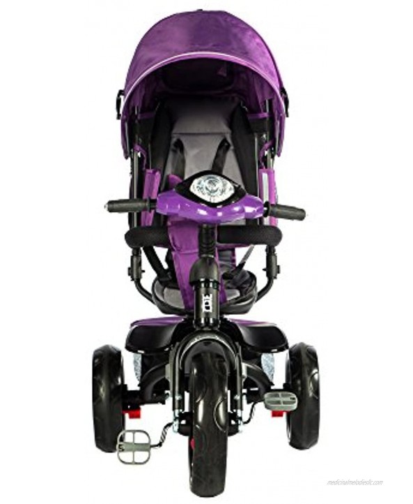 Evezo 302A 4-in-1 Parent Push Tricycle for Kids Stroller Trike Convertible Swivel Seat Reclining Seat 5-Point Safety Harness Full Canopy LED Headlight Storage Bin Purple Violet