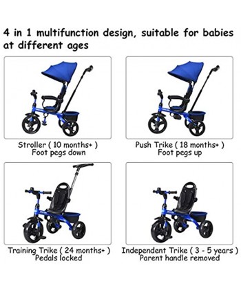 INFANS Kids Tricycle 4 in 1 Stroll Trike with Adjustable Push Handle Removable Canopy Retractable Foot Plate Lockable Pedal Detachable Guardrail Suitable for 10 Months to 5 Years Blue
