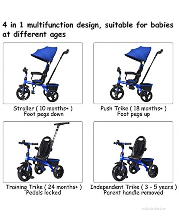 INFANS Kids Tricycle 4 in 1 Stroll Trike with Adjustable Push Handle Removable Canopy Retractable Foot Plate Lockable Pedal Detachable Guardrail Suitable for 10 Months to 5 Years Blue