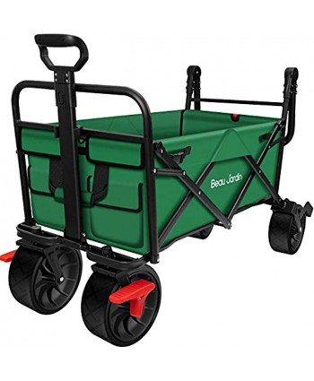 BEAU JARDIN Folding Wagon Cart with Brakes Bundle Red Push Pull Wagon